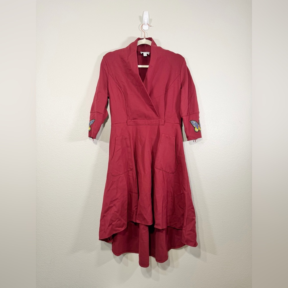 Vicky and Lucas Dress High Low Red Maroon Butterfly Embroidery Zip Wrap Women L